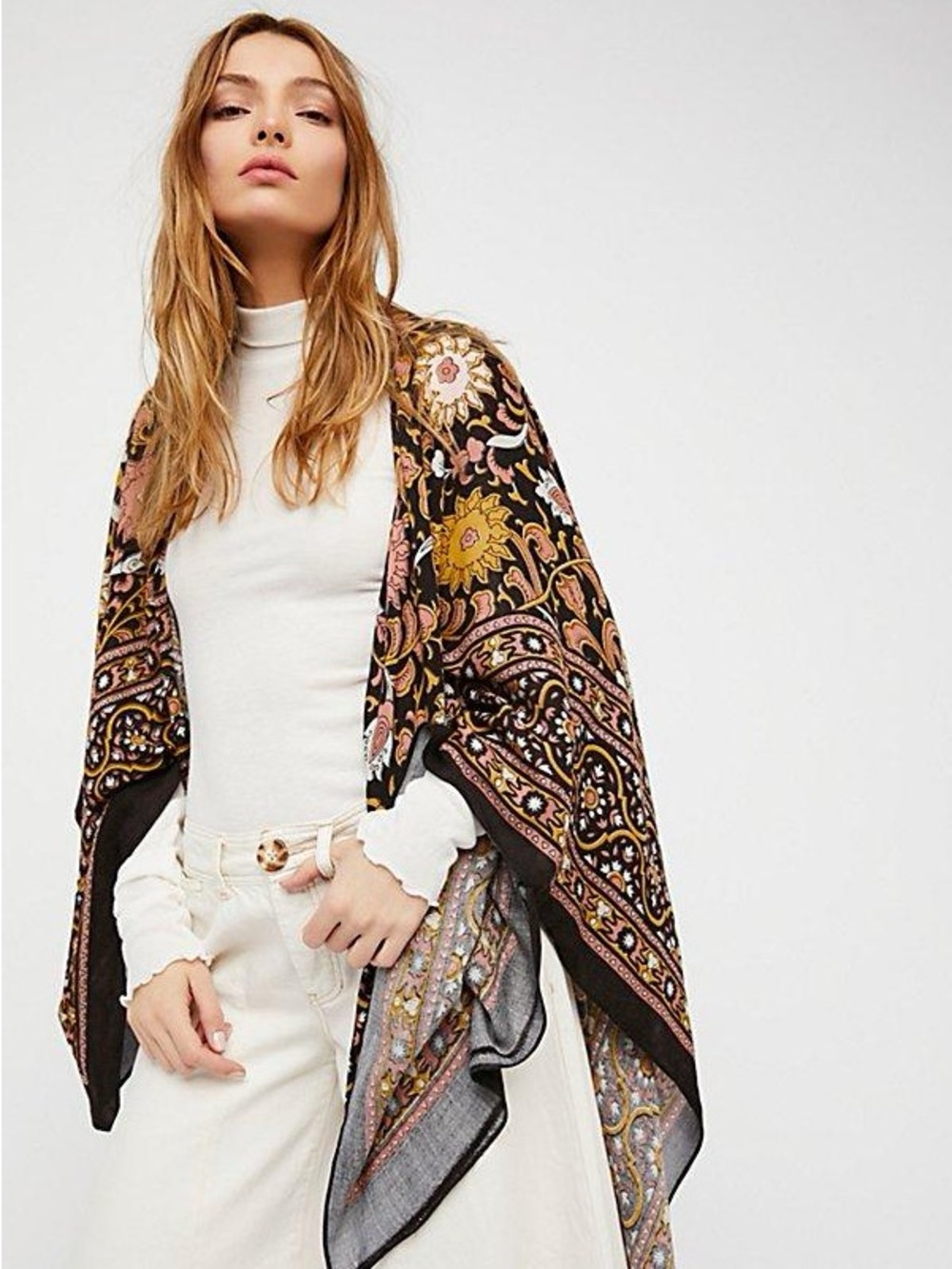Free People lack Floral Paisley Wrap Pink Gold Accents Boho
